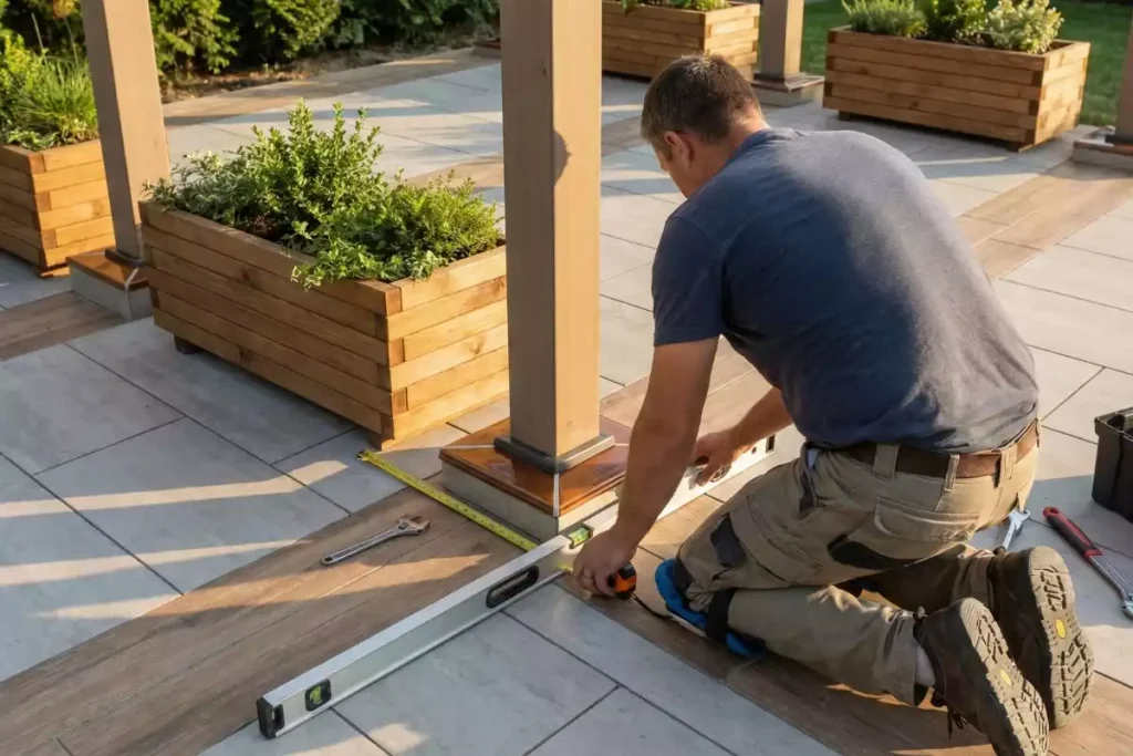 Fixer pergola aluminium sur terrasse sur plots