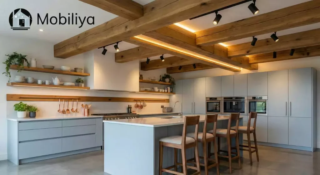 cuisine moderne blanche avec poutre apparente