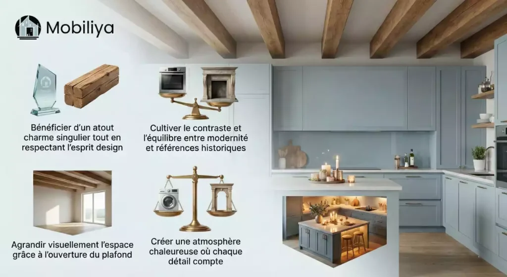 cuisine moderne noire avec poutre apparente