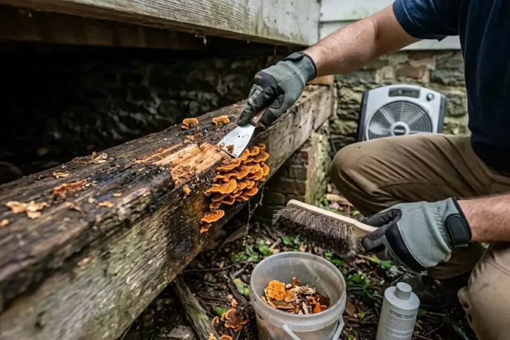 champignon orange poussant sur bois mort