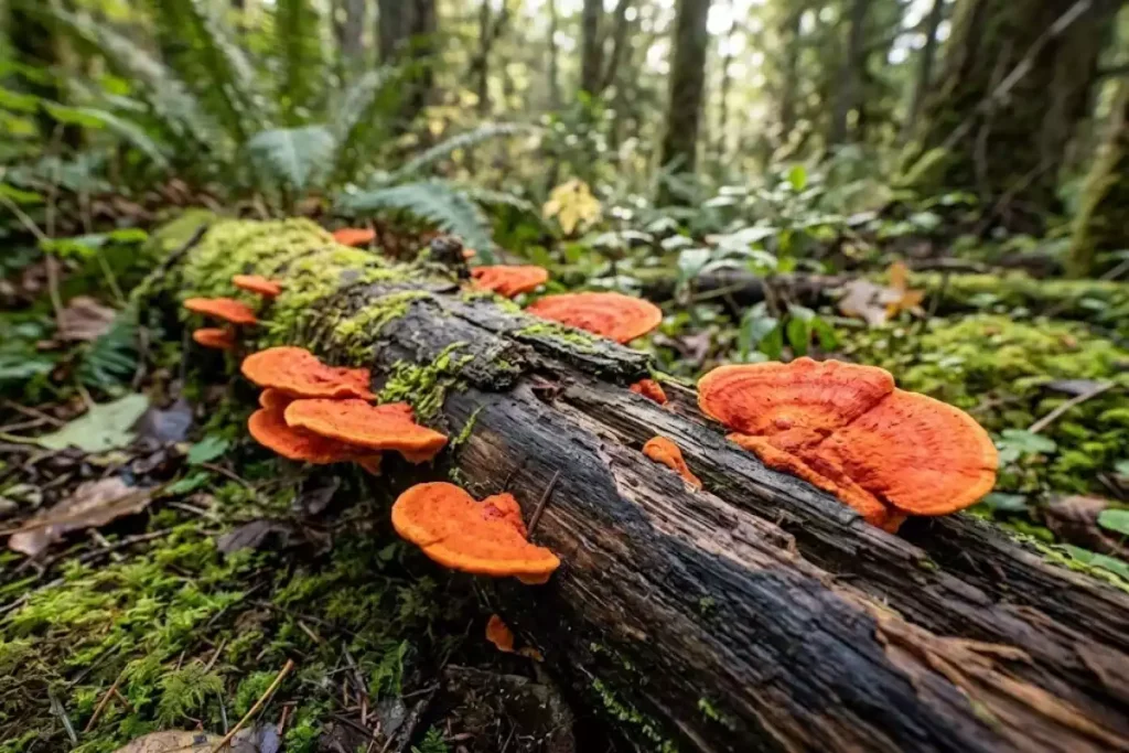 champignon orange sur bois mort