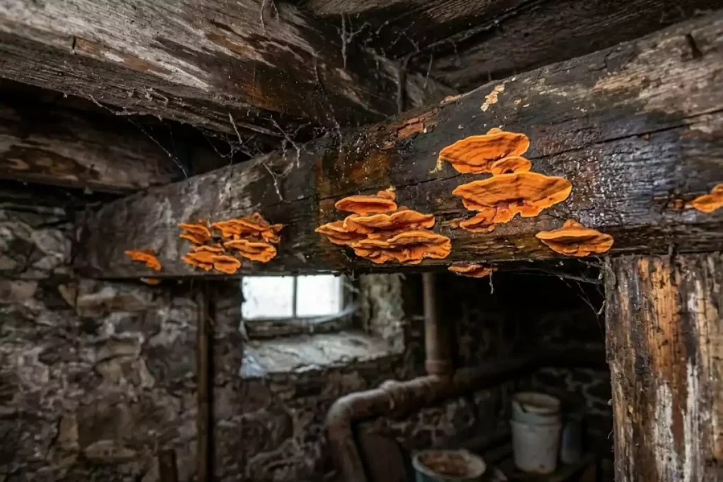 champignon sur bois mort orange