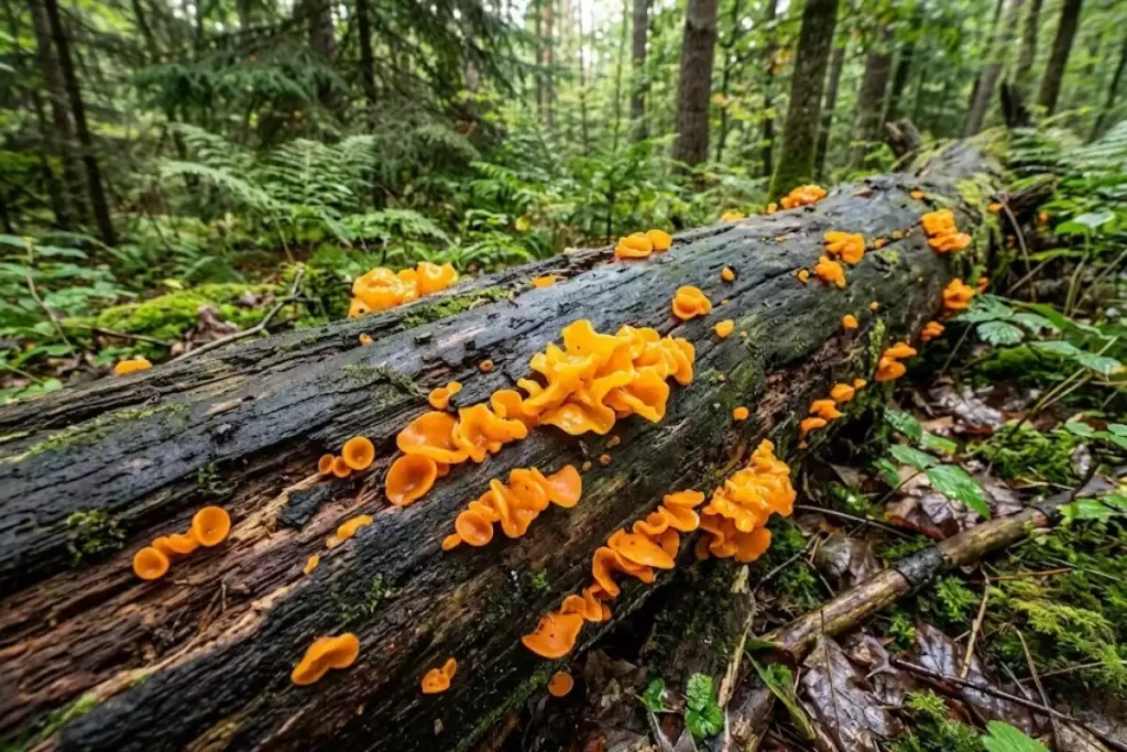 identifier champignon orange sur bois mort