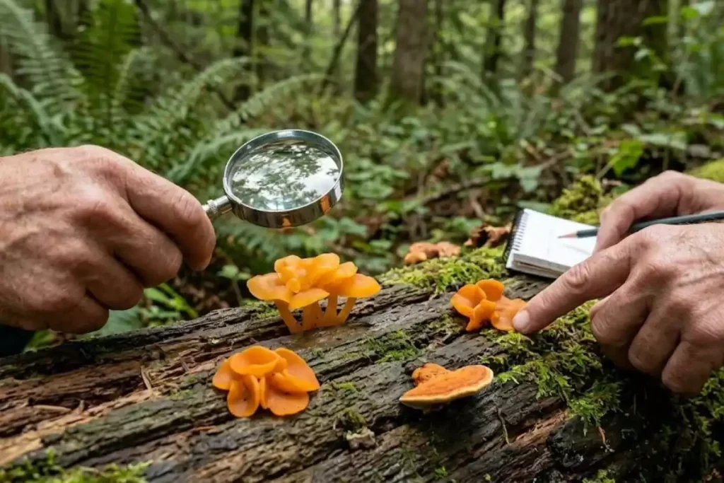 petit champignon orange sur bois mort